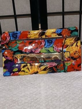 Steve Madden Multicolor Floral Patent Clutch with Gold-Tone Accent